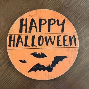 Designs by Kathy Happy Halloween Wooden Round Wall Sign Orange Bats Rustic Decor
